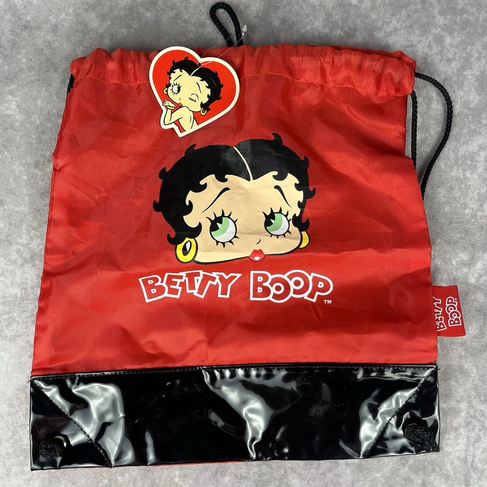 Vtg Y2K Betty Boop Drawstring Backpack Red Nylon Black Vinyl Trim Sack‎ Bag NWT